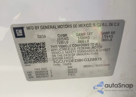 2019 Chevrolet Silverado 1500 Lt from USA, damaged, VIN 3GCUYDED9KG128975